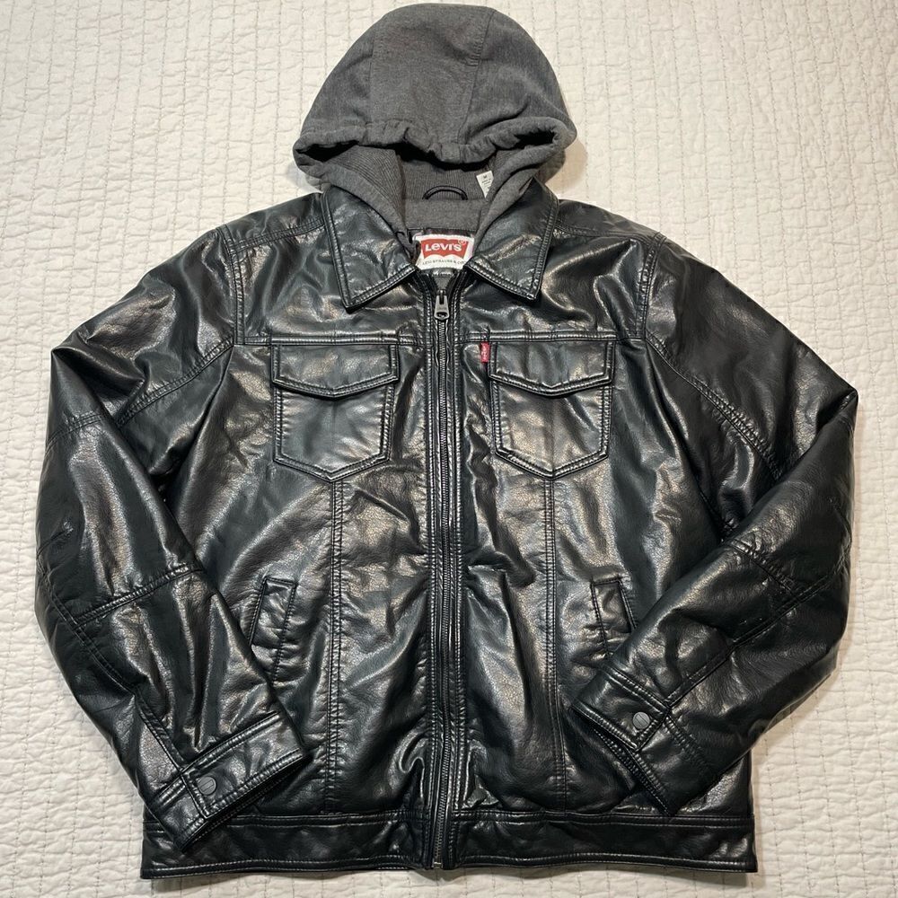 Levi's Black Leather Hoodie Sweatshirt Jacket Size M